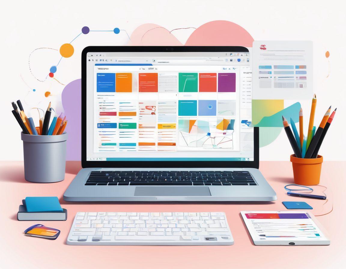 A vibrant, modern workspace scene featuring multiple colorful web-based tools accessible from various devices like a laptop, tablet, and smartphone. Include icons of popular tools like Google Docs, Trello, Canva, and Slack floating around, connected by dynamic lines symbolizing accessibility and collaboration. Each tool's logo should be clearly visible and recognizable. vector art. vibrant colors.