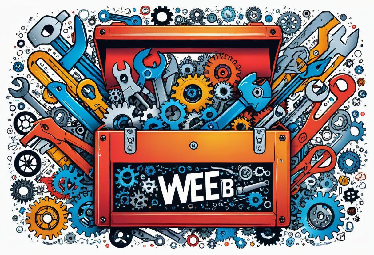 A vibrant, dynamic illustration showing a toolbox filled with digital tools like wrenches, gears, and gadgets labeled with popular free web services (such as Google Docs, Canva, Trello, etc.). Sparks of creativity and innovation swirling around the toolbox, emphasizing the power and utility of these tools. The background features a bright, engaging gradient of technology-inspired colors. vector art. vibrant colors. white background.